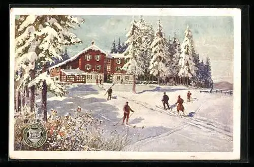 Künstler-AK Hallerhaus am Wechsel, Winterpartie mit Ski-Langläufern