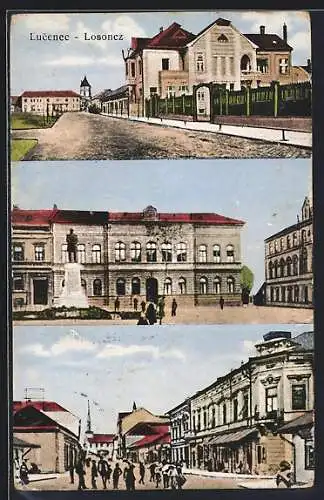 AK Lucenec, Strassenansichten, Platz mit Denkmal