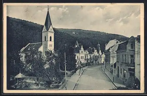 AK Trenc. Teplice, Marsaygasse mit Kirche aus der Vogelschau