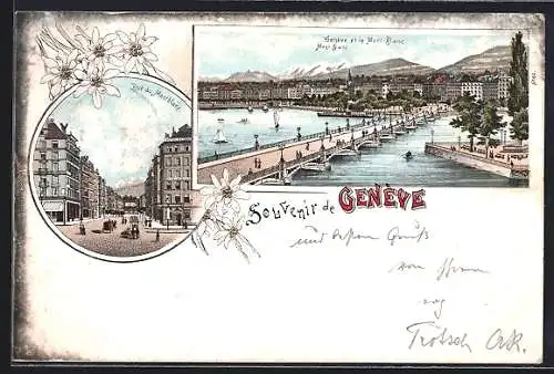 Lithographie Genève, Rue du Montblanc, vue générale et le Mont-Blanc