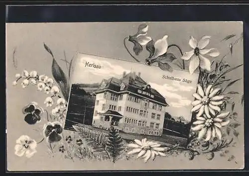 AK Herisau, Das Schulhaus Säge im floralen Passepartout