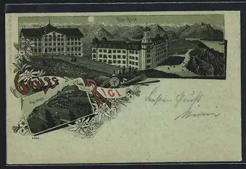 Mondschein-Lithographie Rigi, Rigi-Kulm mit Hotel und Rigi-Staffel