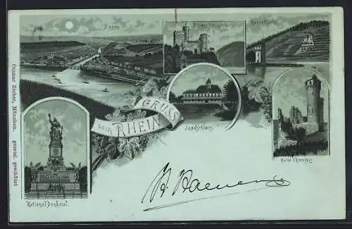 Mondschein-Lithographie Bingen / Rhein, Nationaldenkmal, Jagdschloss, Mäuseturm, Ortsansicht aus der Vogelschau