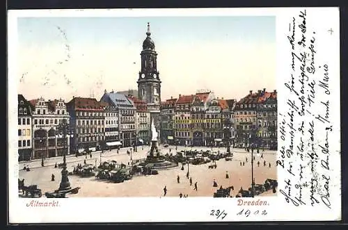 AK Dresden, Altmarkt mit Denkmal ud Verkaufsständen