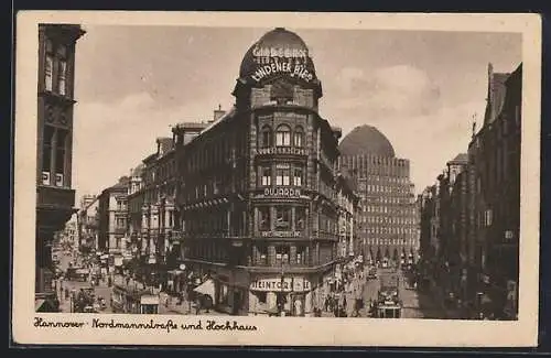 AK Hannover, Nordmannstrasse und Hochhaus, Strassenbahnen