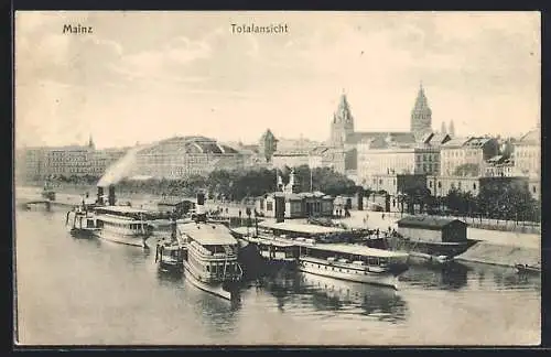 AK Mainz, Dampfer auf dem Rhein, Blick auf die Stadt