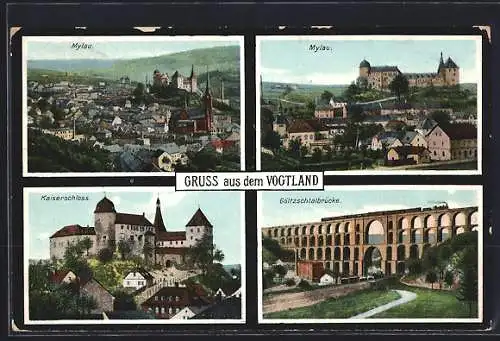 AK Mylau, Kaiserschloss, Göltzschtalbrücke, Ortsansicht