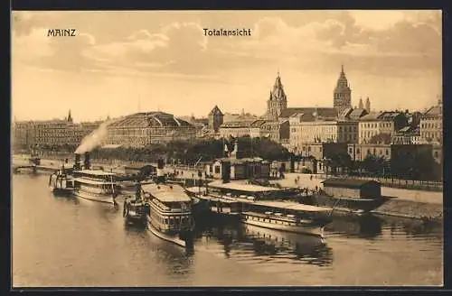 AK Mainz, Dampfer auf dem Rhein, Blick auf die Stadt