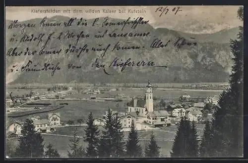 AK Kiefersfelden, Ortsansicht mit dem wilden Kaiser bei Kufstein