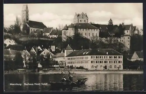 AK Meersburg, Kuhraus Hotel Schiff mit Boot