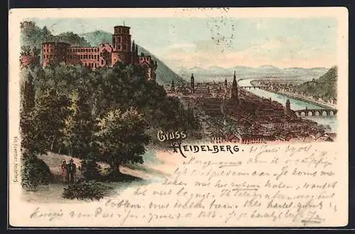 Lithographie Heidelberg, Ortsansicht mit dem Schloss