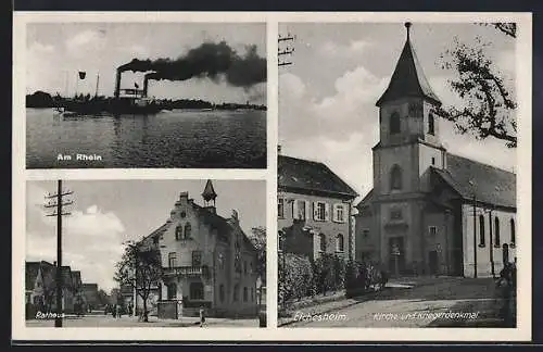 AK Elchesheim, Kirche & Kriegerdenkmal, Strassenpartie am Rathaus, Dampfder auf dem Rhein