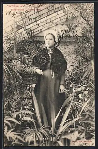 AK Narbonne, Narbonnaise - Costume local, Frau in Tracht des Languedoc-Roussillon