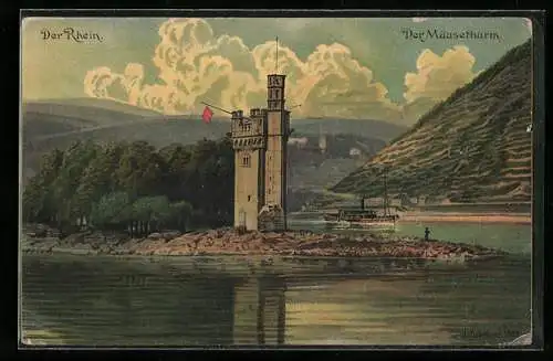 Lithographie Bingen / Rhein, Der Mäuseturm