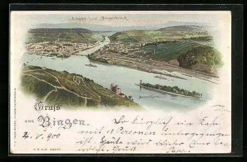 Lithographie Bingen / Rhein, Totalansicht mit Bingerbrück, Mäusethurm