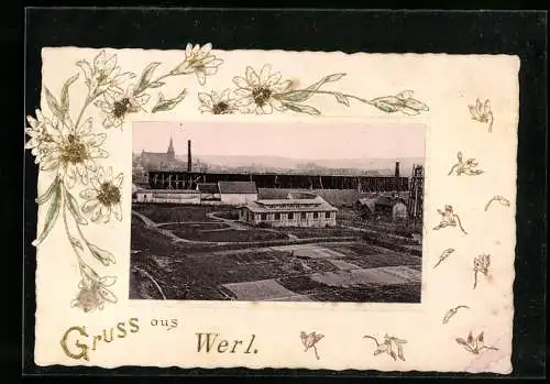 Präge-AK Werl, Ortspartie mit Kirche, Edelweiss, Passepartout