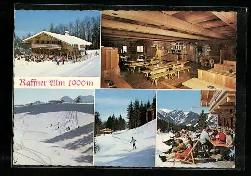 AK Ruhpolding, Gasthof Raffner Alm im Schnee, Innenansicht, Terrasse
