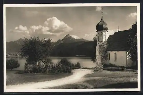 AK Pfronten i. bayr. Allgäu, Kirche am Weissensee mit Säuling