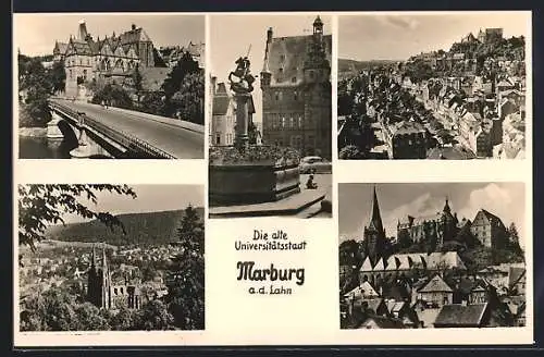 AK Marburg a. d. Lahn, Kirche, Brücke, Denkmal