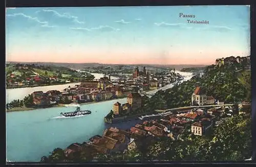 AK Passau, Totalansicht mit Donau und Inn