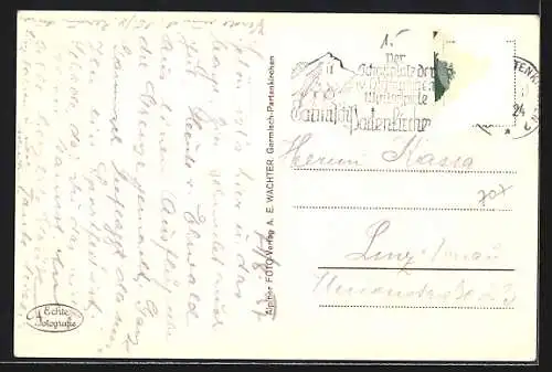 AK Garmisch, Adolf Wagner-Platz mit Hotel, Alpspitze, Waxenstein und Zugspitze