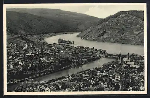 AK Bingen / Rhein, Bingerbrück und Binger Loch, Eisenbahn-Anlagen am Stadtrand mit Rheinpartie