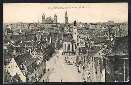 AK Augsburg, Strassenpartie mit Kirche vom Jakobsturm aus gesehen