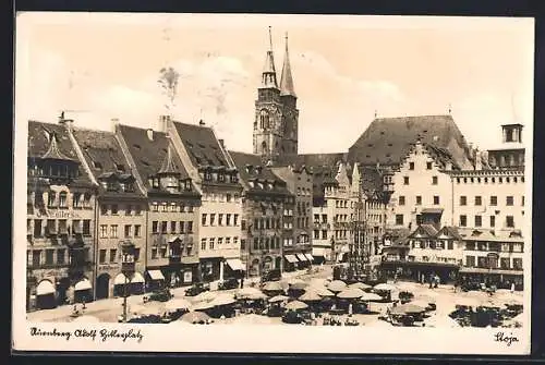 AK Nürnberg, platz mit Geschäften und Denkmal