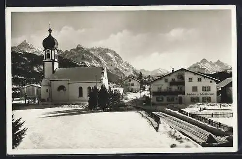 AK Krün, Gasthaus zur Schöttlkarspitz und Kirche im Schnee