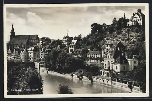 AK Tübingen, Neckaransicht der Stadt mit der Kirche