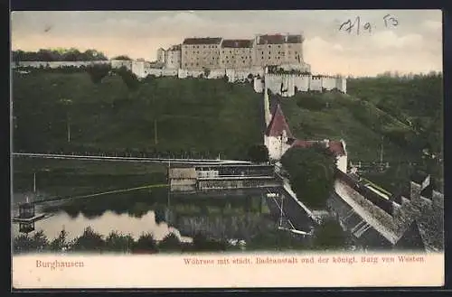 AK Burghausen, Wöhrsee mit Städt. Badeanstalt und Kgl. Burg