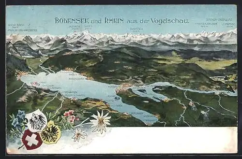 AK Bodman, Bodensee und Rhein aus der Vogelschau, Wappen, Konstanz, Friedrichshafen