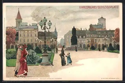 Künstler-AK Heinrich Kley: Karlsruhe, Schlossplatz mit Leuten, Denkmal