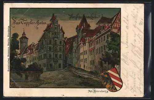 Lithographie Alt-Nürnberg, Lüg-in`s-Land und Toppler-Haus, Wappen