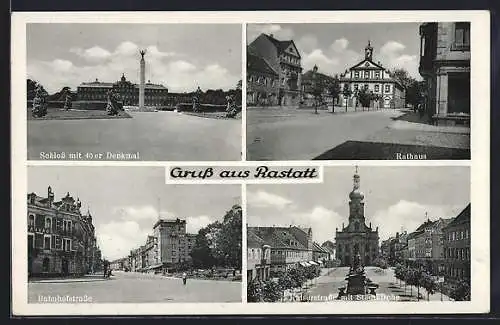 AK Rastatt, Rathaus, Bahnhofstrasse, Kaiserstrasse mit Stadtkirche