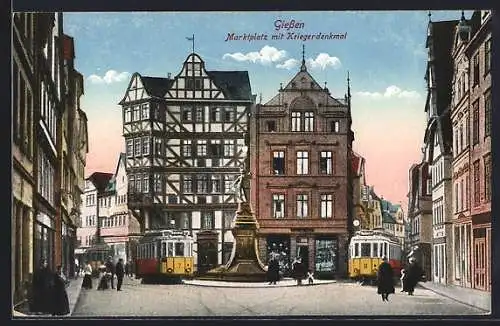 AK Giessen, Marktplatz mit Kriegerdenkmal & Strassenbahn