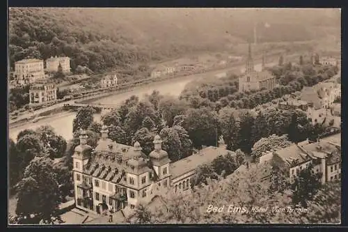 AK Bad Ems, Hotel Vier Türme aus der Vogelschau