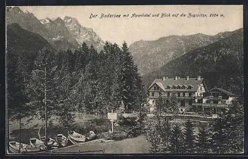 AK Badersee, Alpenhotel und Blick auf die Zugspitze