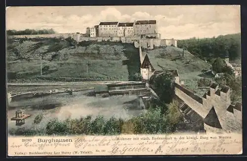 AK Burghausen / Salzach, Königl. Burg und Badeanstalt am Wöhrsee