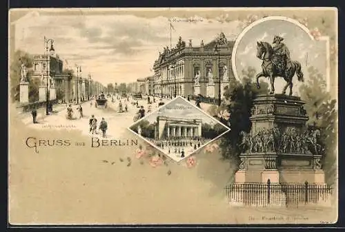 Lithographie Berlin, Ruhmeshalle, Dkm. Friedrich der Grosse, Unter den Linden, Neue Wache