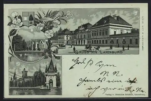 Mondschein-Lithographie Laxenburg, Marianeninsel, Franzensburg, Ortspartie