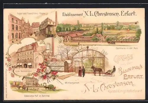 Lithographie Erfurt, Gasthaus N. L. Chrstensen, Lager- und Expeditionsräume, Oekonomiehof im Bornthal, Wintergarten