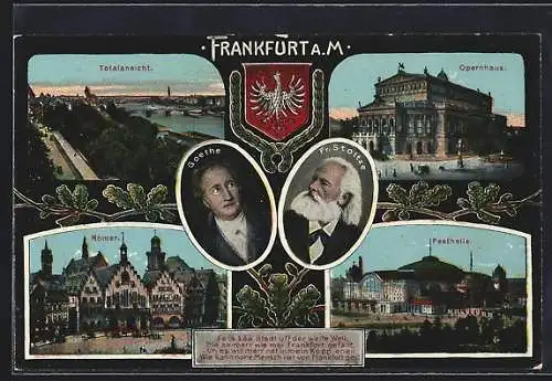 AK Frankfurt a. M., Opernhaus, Römer, Festhalle, Goethe und Fr. Stoltze, Wappen