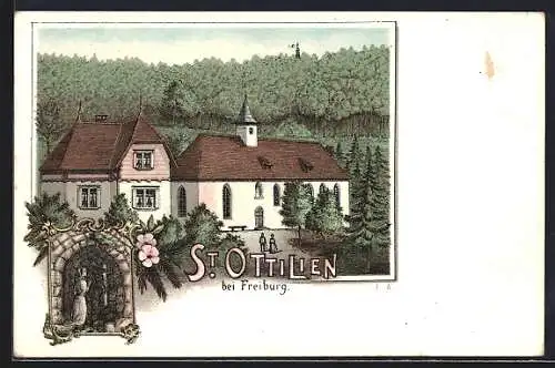 Lithographie St. Ottilien bei Freiburg, Partie an der Kirche