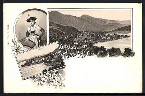Lithographie Tegernsee, Frau in Tracht mit Zither, Schloss, Gesamtansicht