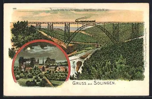 Lithographie Solingen, Riesenbrücke beim Müngsten mit Eisenbahn, Schloss Burg a. d. Wupper