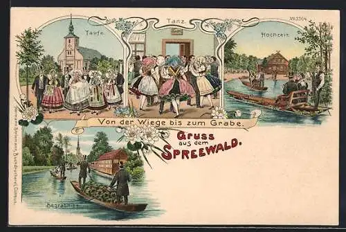 Lithographie Burg / Spreewald, Leben im Spreewald, Taufe, Tanz, Hochzeit, Begräbnis