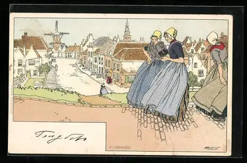 Künstler-AK Henri Cassiers, Vlissingen, Trachtenfrauen auf Promenade mit Ortsblick, Windmühle