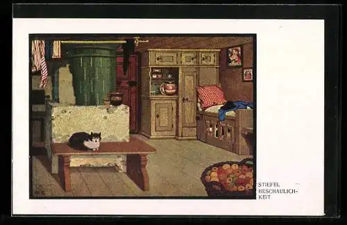 Künstler-AK sign.: Stiefel, Beschaulichkeit, Wohnstube mit Ofen und Katze