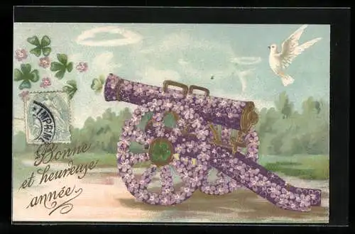 Präge-AK Kanone aus Blumen, Blumenbild